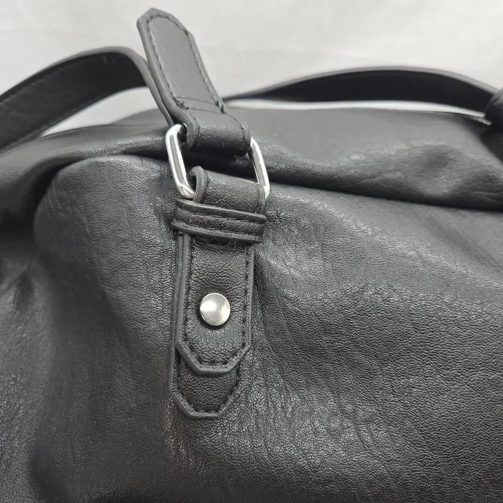 MADISON WEST BLACK VEGAN Faux LEATHER OVERNIGHT TOTE 19x6x14